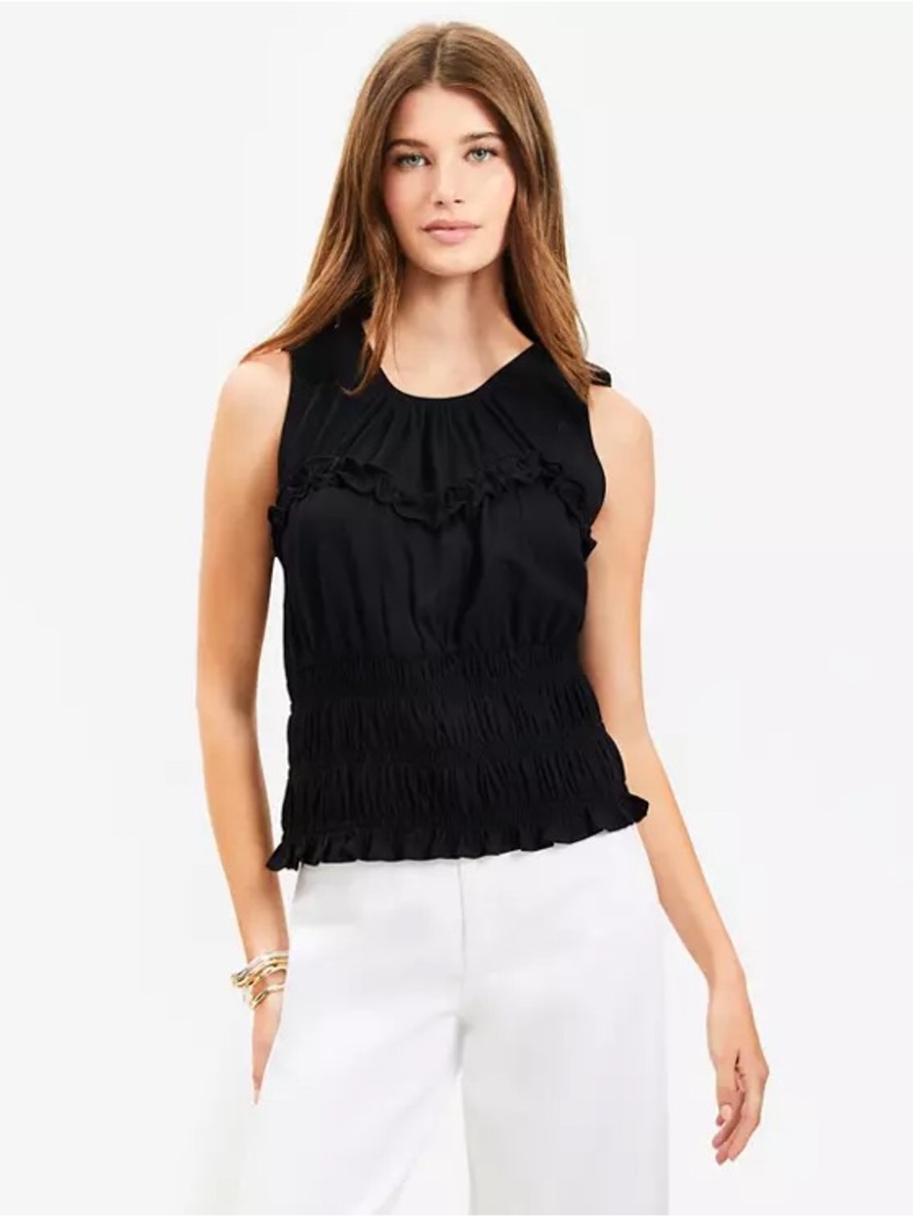 LOFT Black Ruffled Smocked Tank Top Size S